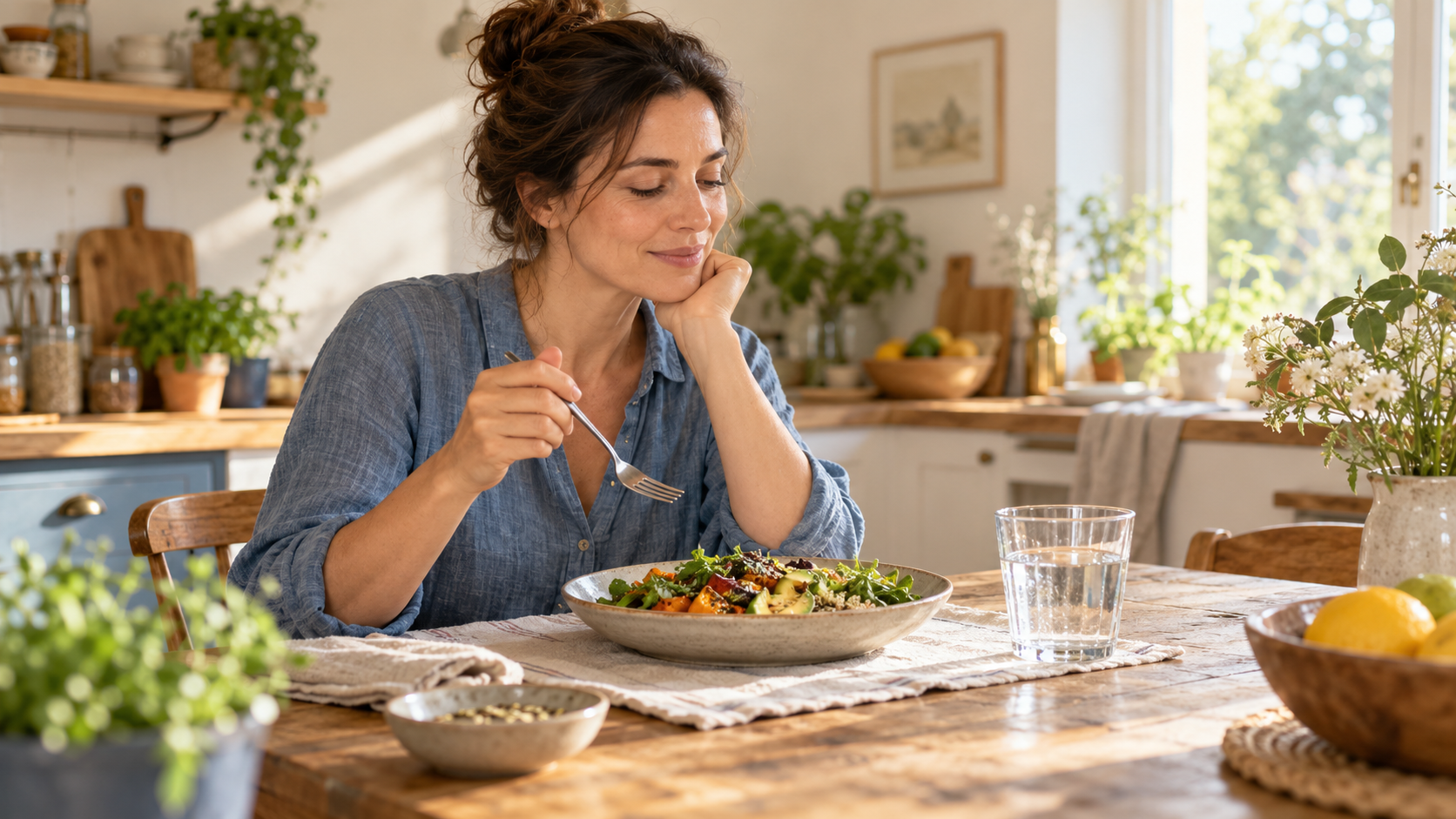 Femme prenant un repas calmement dans une cuisine lumineuse