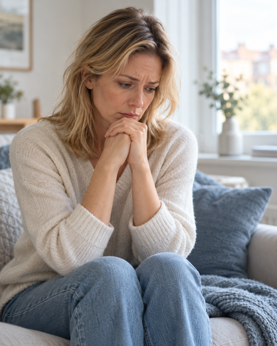 Une femme blonde pensive et apaisée dans un intérieur lumineux